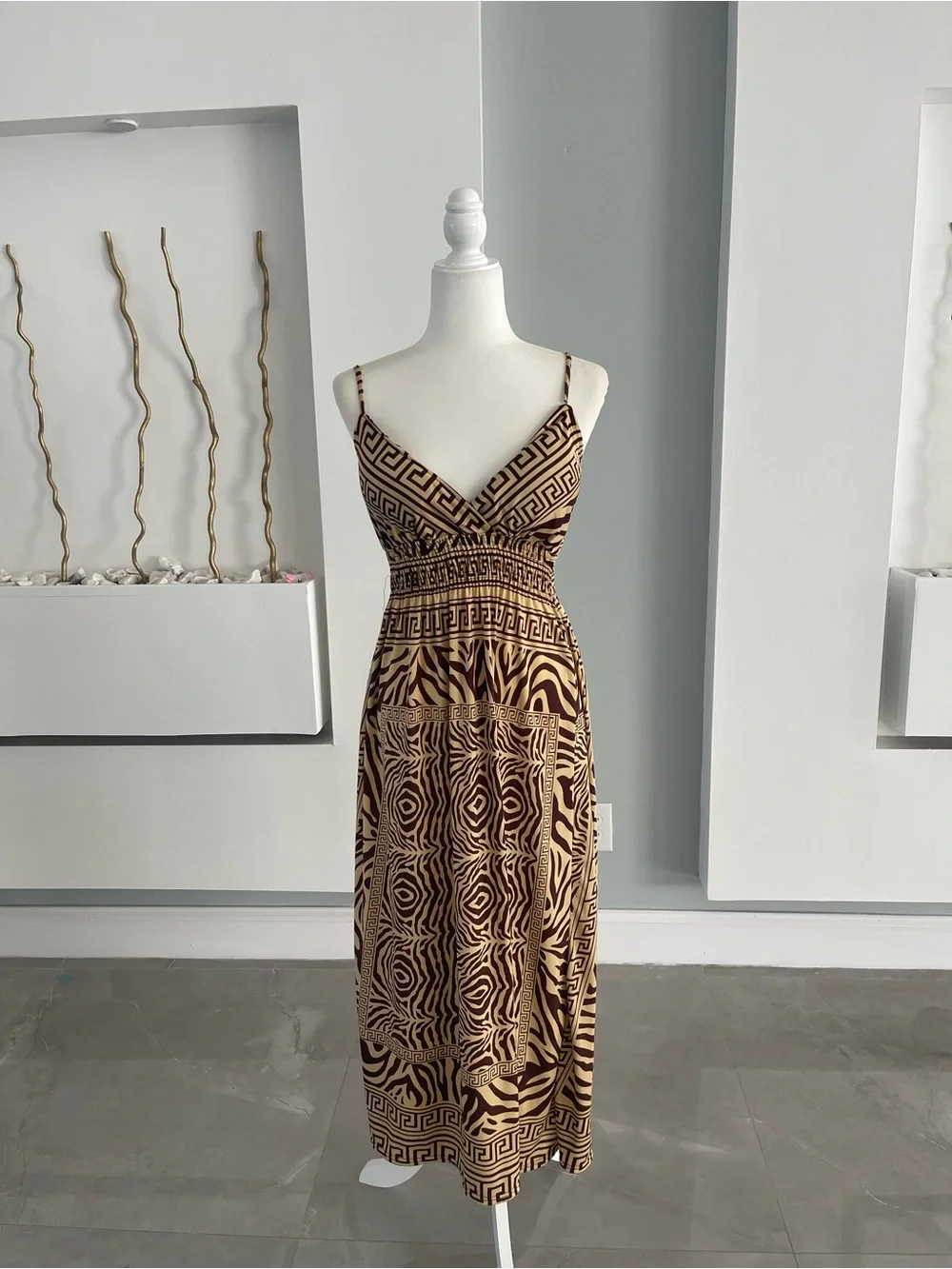 Brown Patterned Midi Dress with Spaghetti Straps